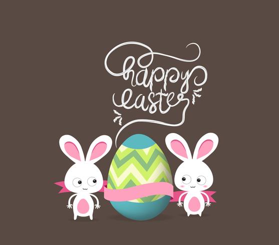 happy easter with doodle floral bunny picture frame vector