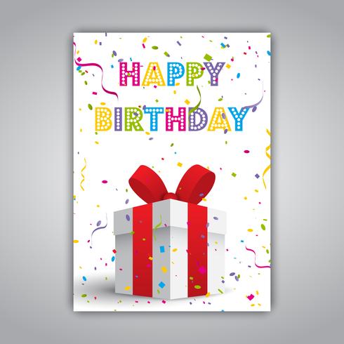 Tarjeta de cumpleaños con regalo y confeti. vector