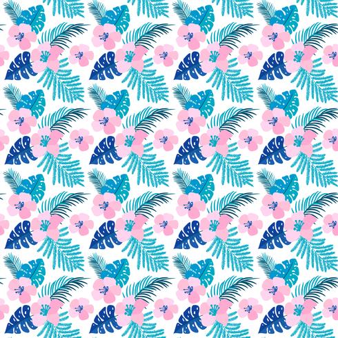 Vector summer seamless pattern with flat flowers and Tropical Leaves of Monstera