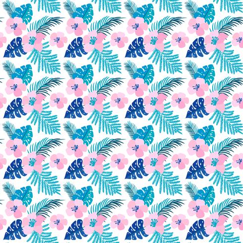 Vector summer seamless pattern with flat flowers and Tropical Leaves of Monstera