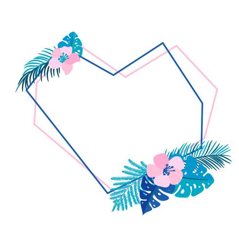 Geometric heart Summer wreath with flower tropical palm and place for text vector