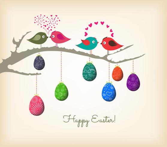 easter eggs hanging on the wire greeting card with bird vector