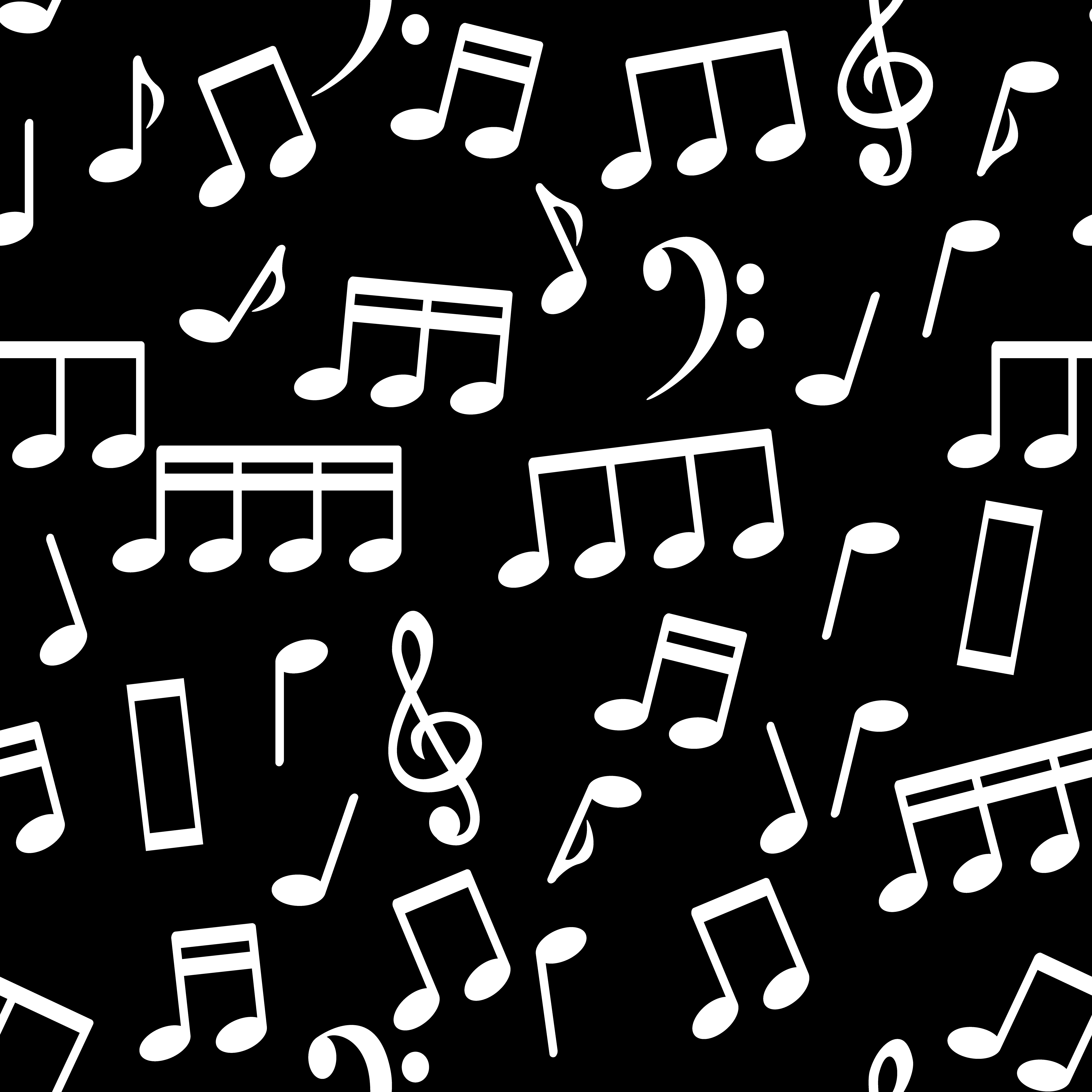 Musical Notes, White on Black, Seamless Pattern Background Vector