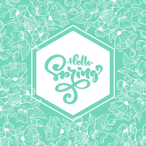 Geometric turquoise frame with handwritten text Hello Spring vector