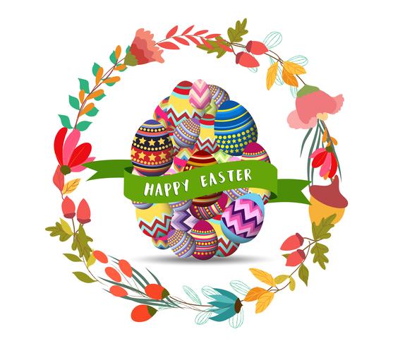 happy easter with egg and wreath flower greeting card vector