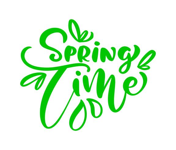 Frase de letras de caligrafía verde tiempo de primavera vector