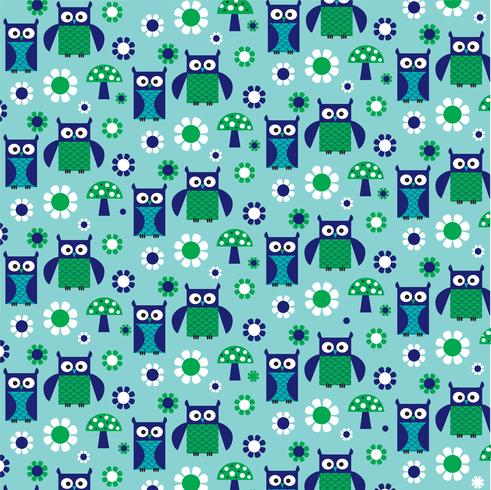 blue green owl and mushroom pattern vector