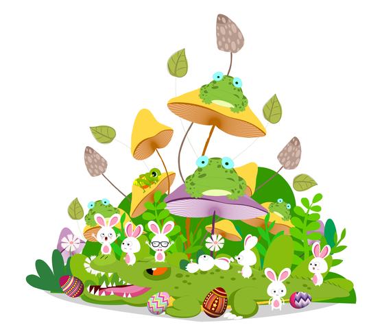 happy easter green spring with bunny couple and eggs vector