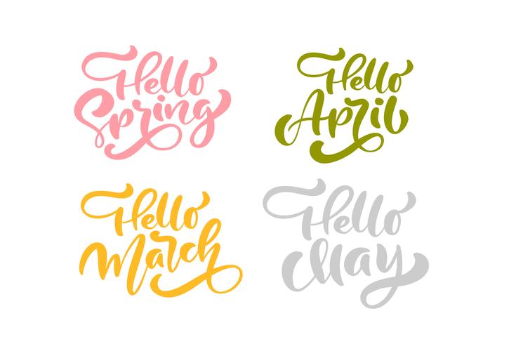 Conjunto de seis hola Primavera abril, marzo, mayo Frases de letras de caligrafía en colores pastel vector