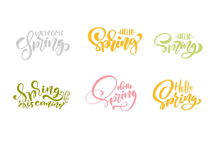 Conjunto de seis frases de letras de caligrafía pastel de bienvenida de primavera vector