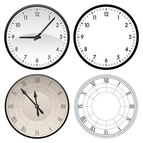 Reloj moderno y reloj antiguo en color y en versiones de plantilla en negro, ilustración vectorial vector