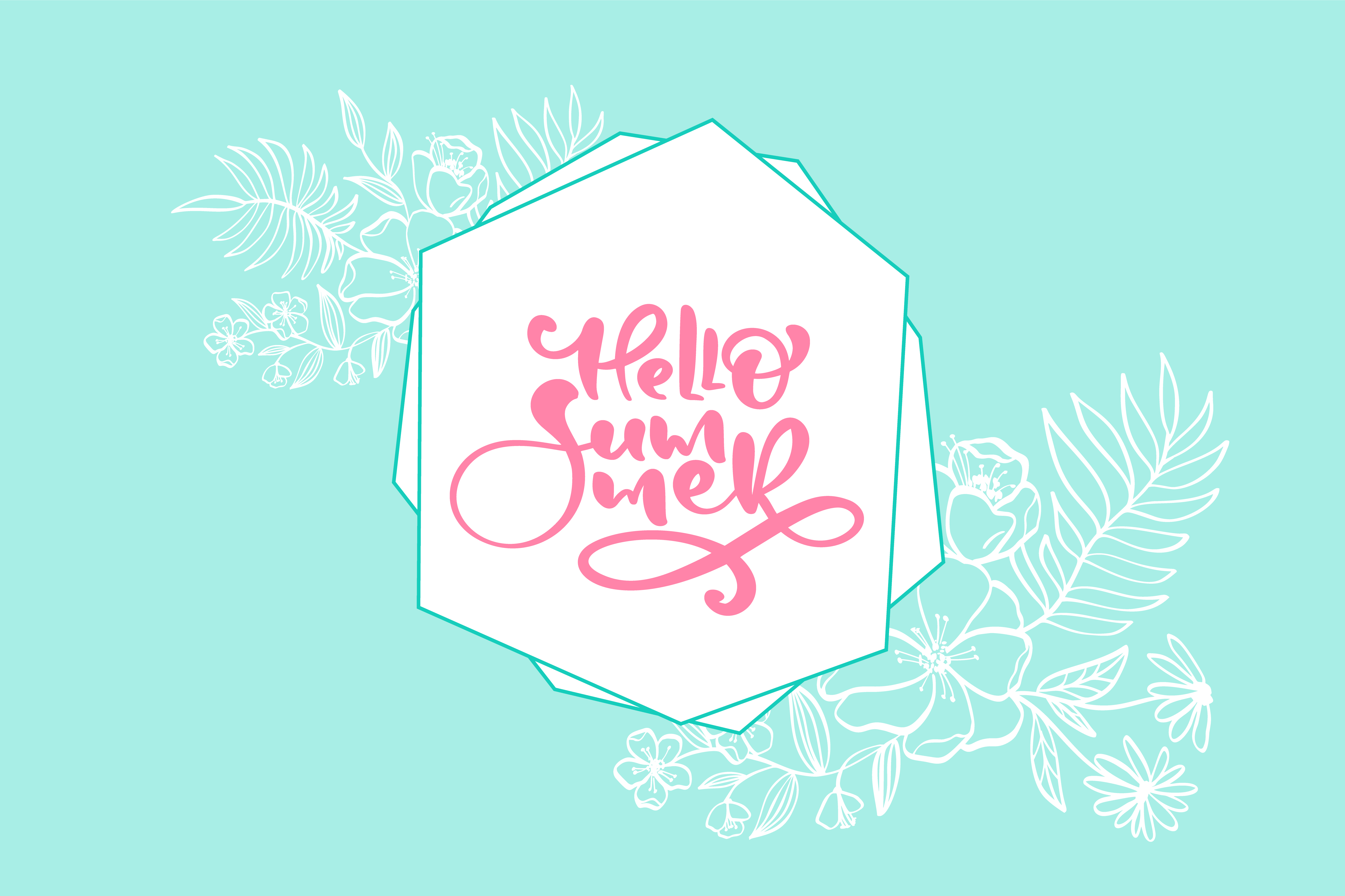 Scandinavian calligraphy lettering floral text Hello Summer greeting