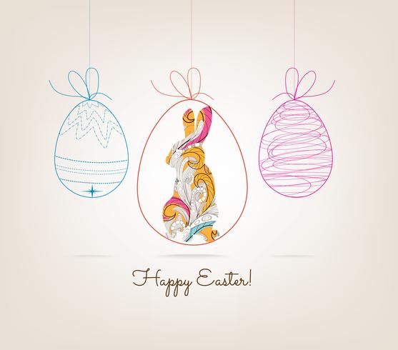 happy easter with doodle floral bunny picture frame vector