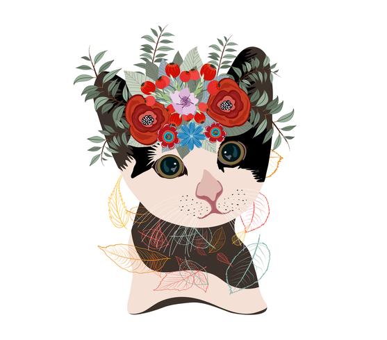 Tarjeta linda con gato encantador. Gato en una corona de flores. vector
