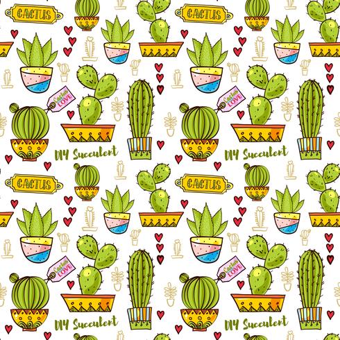 Seamless pattern of cacti and succulents in pots. vector