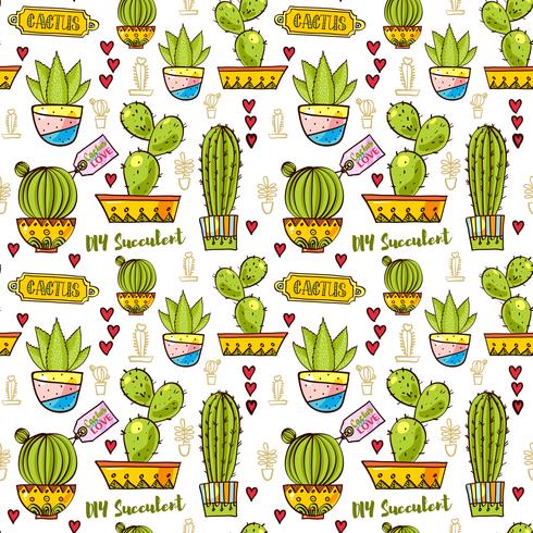 Seamless pattern of cacti and succulents in pots. vector