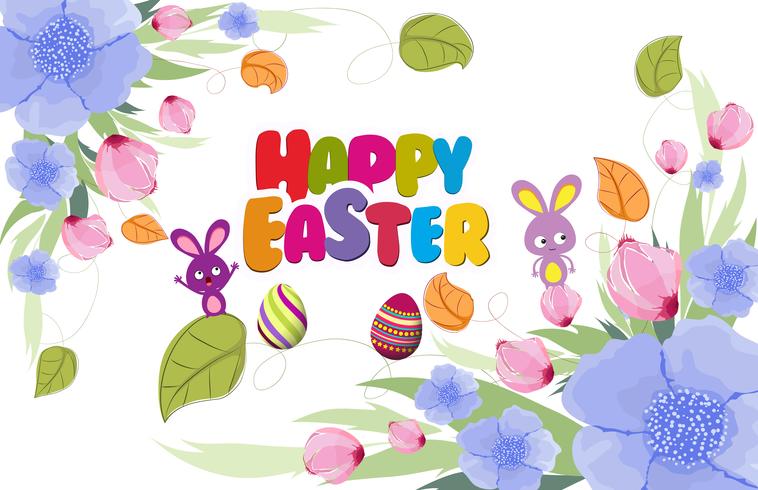 Hermosa tarjeta de Pascua feliz con conejito y guirnalda floral vector