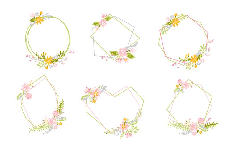 Set of geometric Spring wreath with flower. Flat herb abstract vector garden frame. 