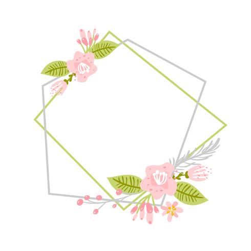 Geometric Spring wreath with flower. Flat herb abstract vector garden frame. 