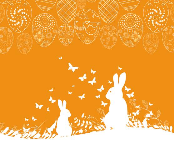 Tarjeta de felicitación de Pascua con fondo de huevos ornamentales de conejo vector