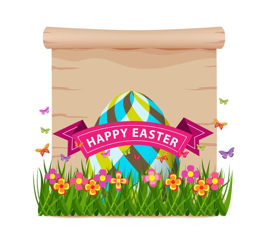 Huevo de Pascua con hierba y mariposas de primavera con papel en blanco. vector