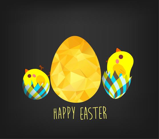 Happy Easter greeting card in low poly triangle style. Flat design polygon of golden easter egg and chicken isolated on black background vector