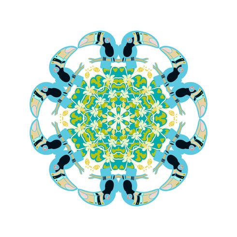 Round ornament style psychedelic 60s of tropical plant and elements vector