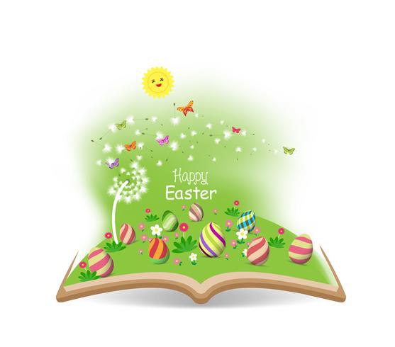 Huevo de Pascua y primavera divertida buny con diente de león en el libro vector