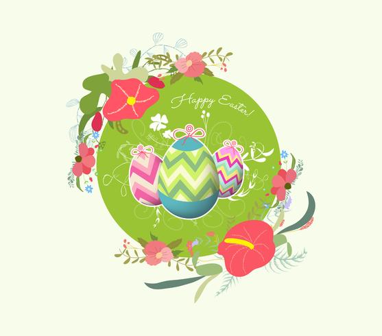Tarjeta de felicitación de Pascua con conejo de Pascua con corona floral vector