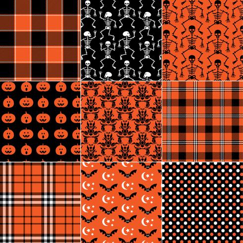 orange and black seamless Halloween plaids polka dots and patterns vector