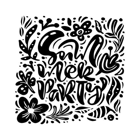 Black ink Flower Vector greeting card with text Summer Party
