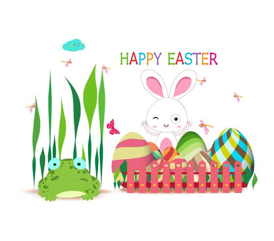 easter eggs fence with spring bunny and frog vector