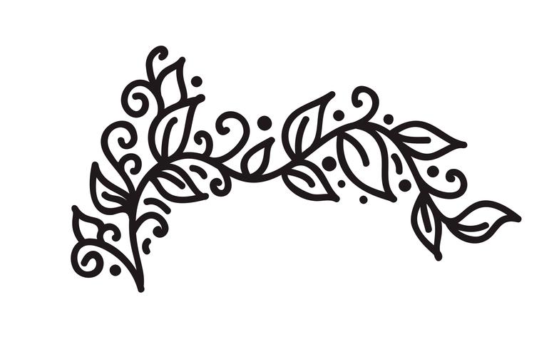 Black monoline flourish vintage monogram vector with leaves and flowers