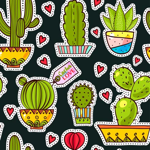 Set de parches de moda, broches con cactus. vector