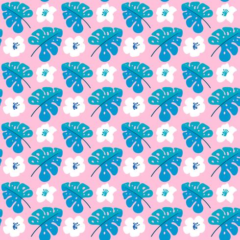 Vector summer seamless pattern with flat flowers and Tropical Leaves
