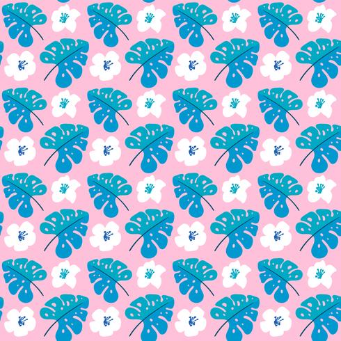 Vector summer seamless pattern with flat flowers and Tropical Leaves