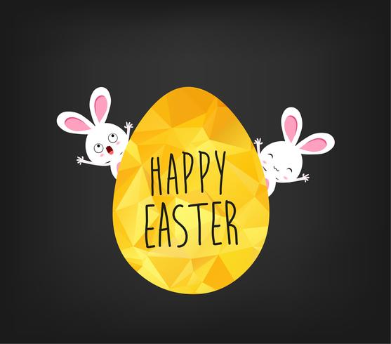 Happy Easter greeting card in low poly triangle style. Flat design polygon of golden easter egg and bunny isolated on black background