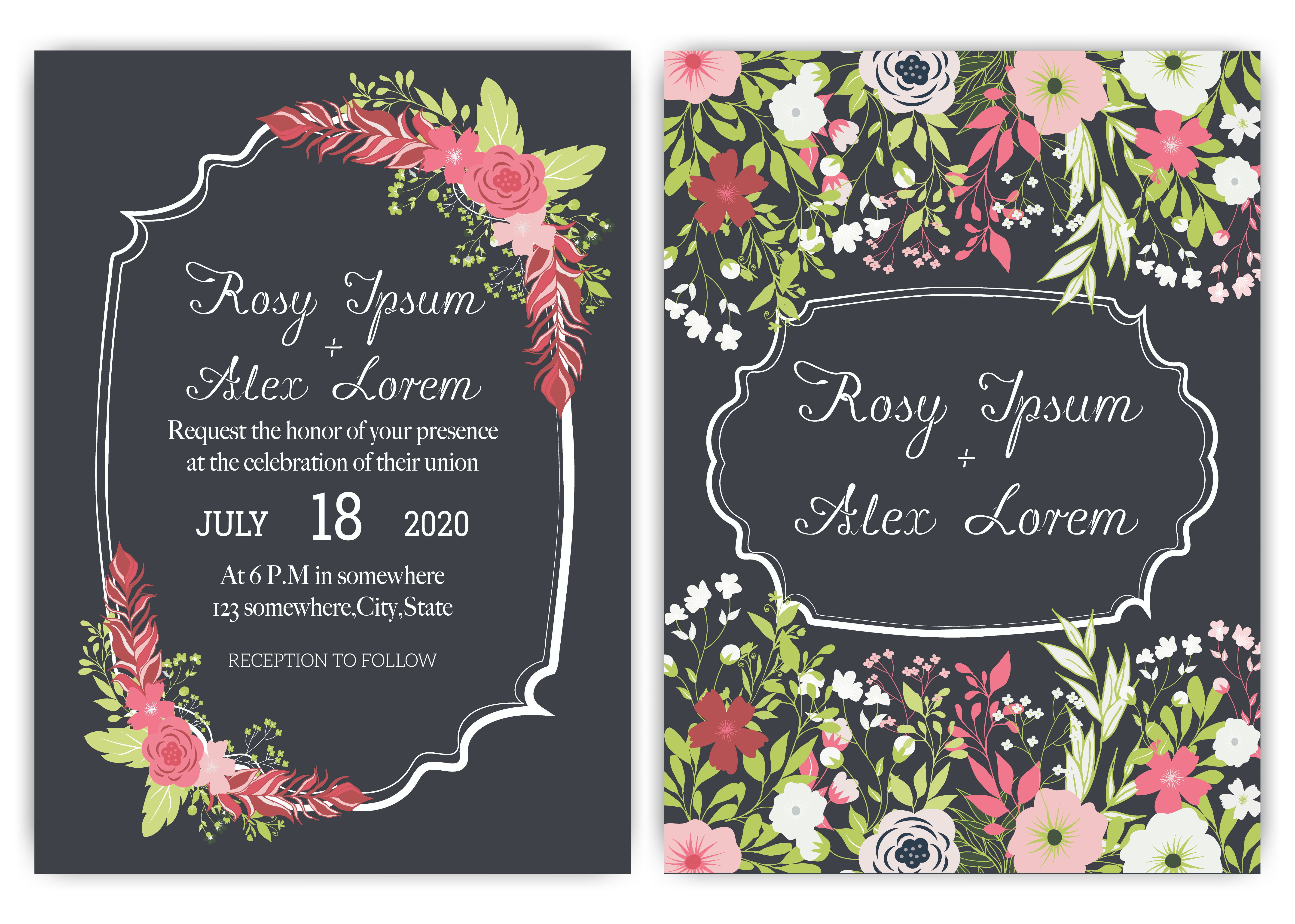 Elegant wedding cards consist of various kinds of flowers. 343299
