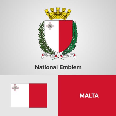 Malta emblema nacional, mapa y bandera vector