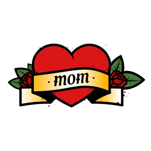 Old school colored tattoo with heart and roses and text Mom. Love for my mother. Vector illutration