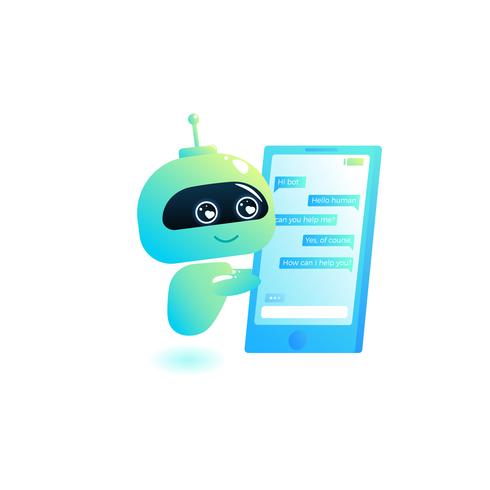 Chatbot escribe respuesta a mensajes en el chat. Bot Consultant es gratis para ayudar a los usuarios en su teléfono en línea. Ilustración vectorial de dibujos animados vector