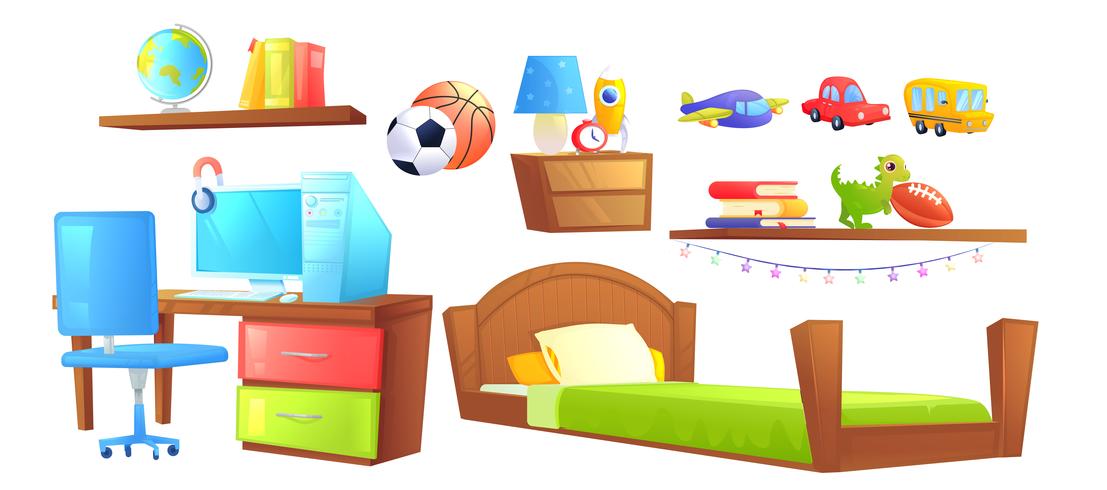 Boy bedroom interior design set object. With bed, workplace, desk and pc computer, shelves, book, kids toys. Vector cartoon illustration