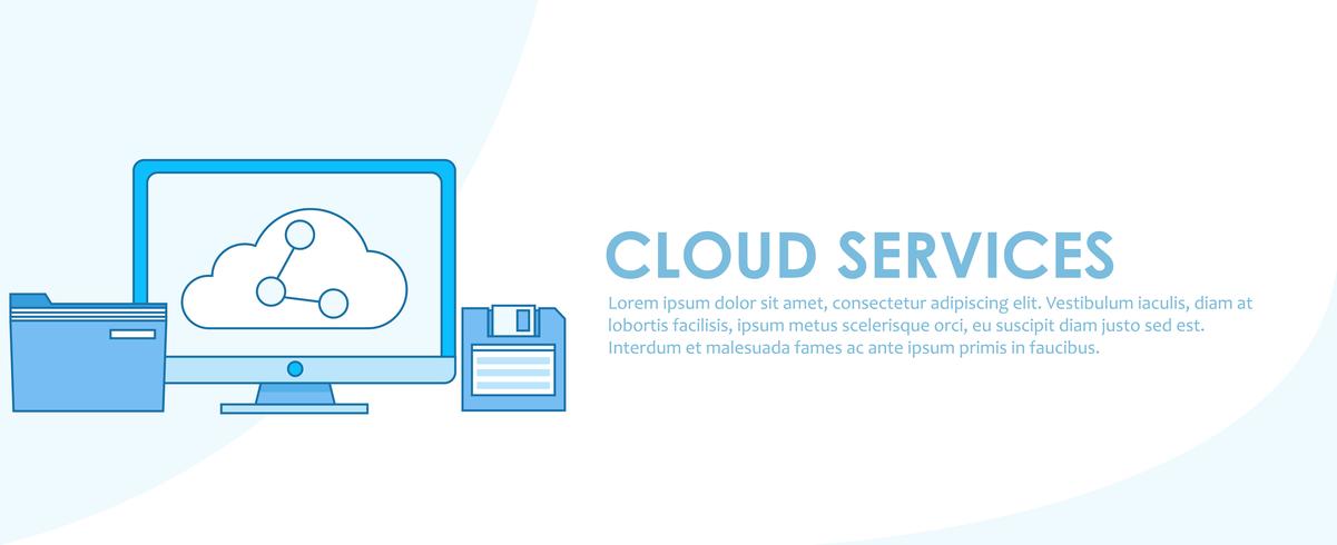 Banner de servicios en la nube. Computadora con almacenamiento en línea, transfiriendo archivos a otros dispositivos. Vector ilustración de línea plana