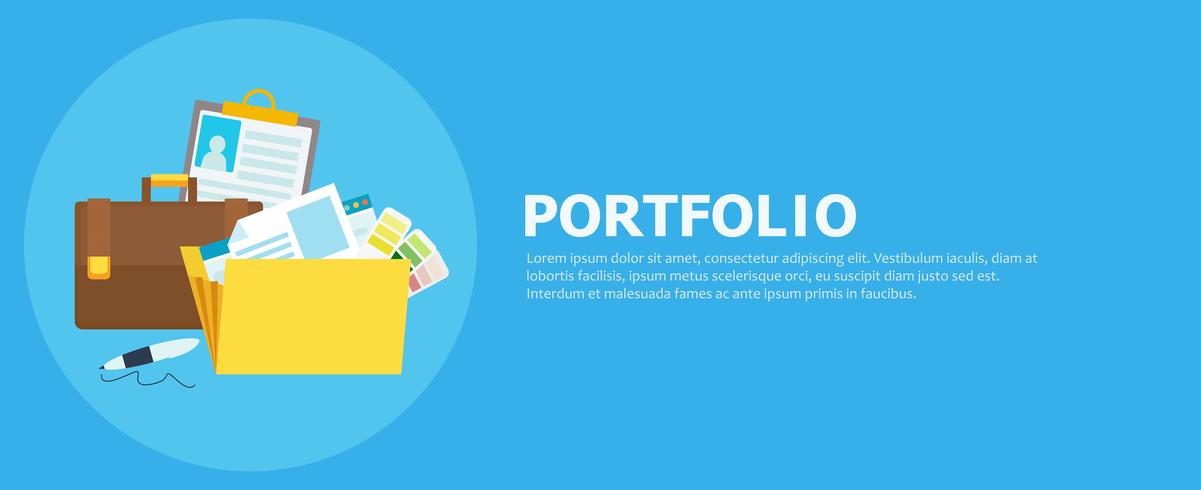 Portfolio banner. Folder with files, briefcase, pen. Vector flat illustration