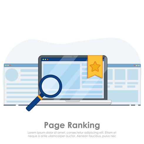 Page ranking on laptop banner. Browser window with star favorite sign. Vector flat illustration