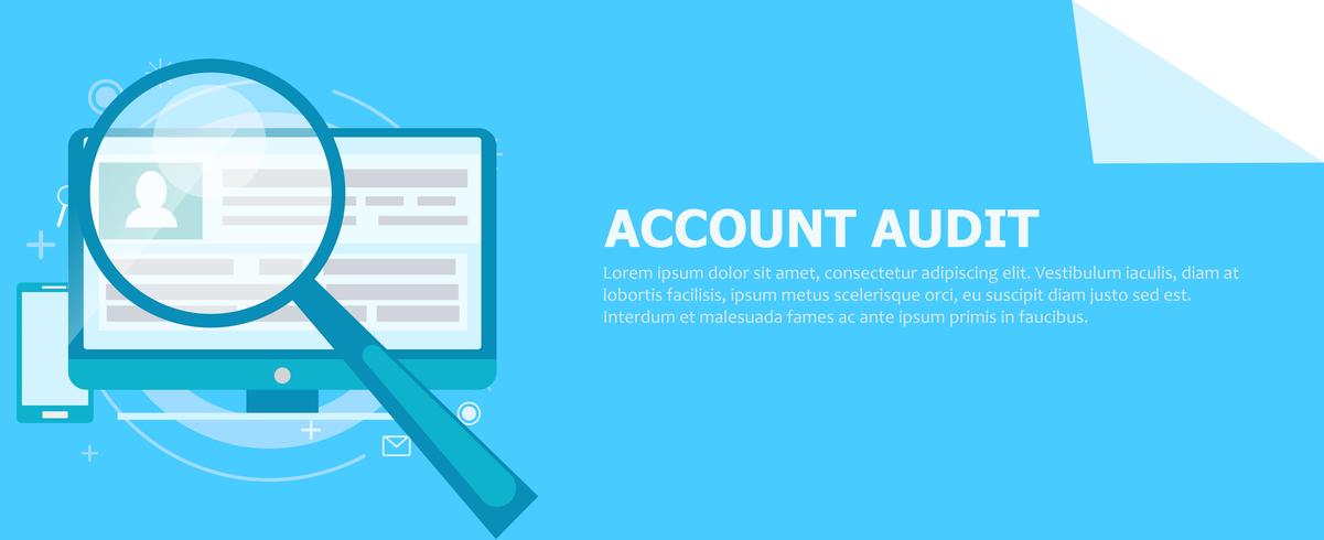 Account audit banner. A computer with a magnifying glass pointed at it. Vector flat illustration