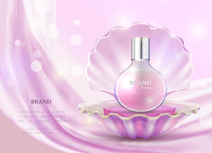 Vector illustration of a realistic style perfume in a glass bottle and opened shell.