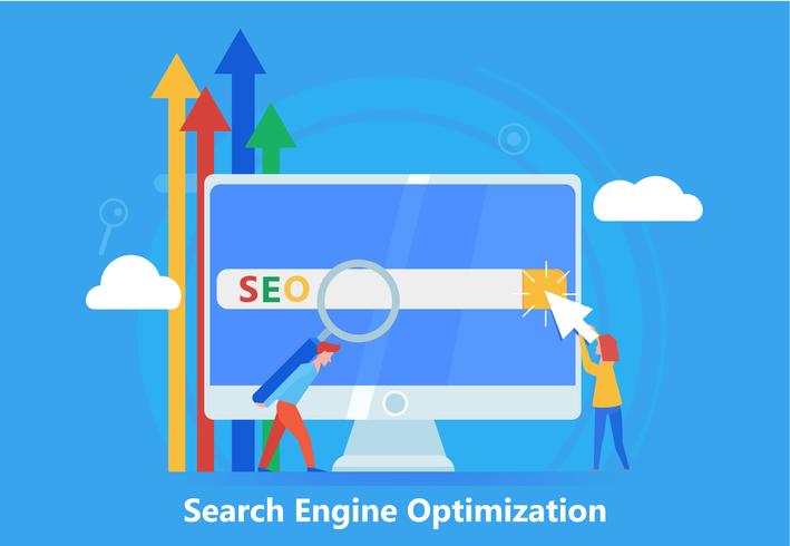 Seo banner. Work on the content of the site and its indexing of search engines. Team work on the website. Vector flat illustration