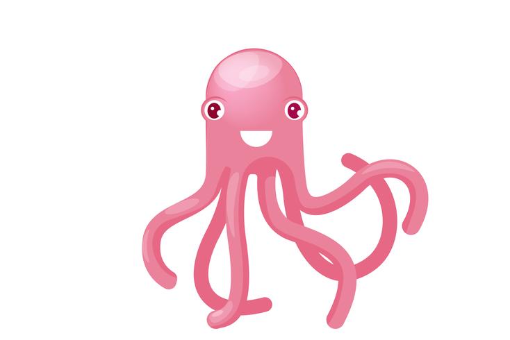 Isolated pink octopus smiling, good humor. Vector cartoon illustration