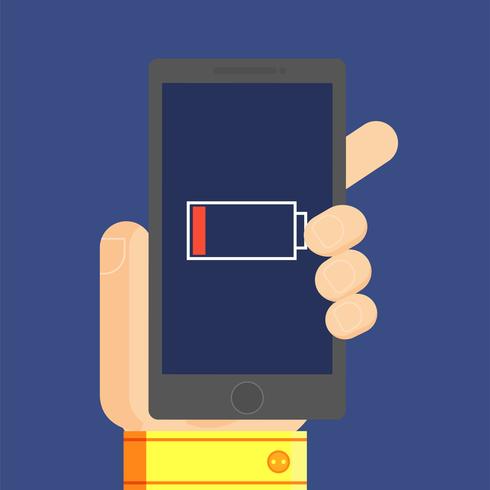 Phone in the man's hand, which has low battery. Vector flat illustration